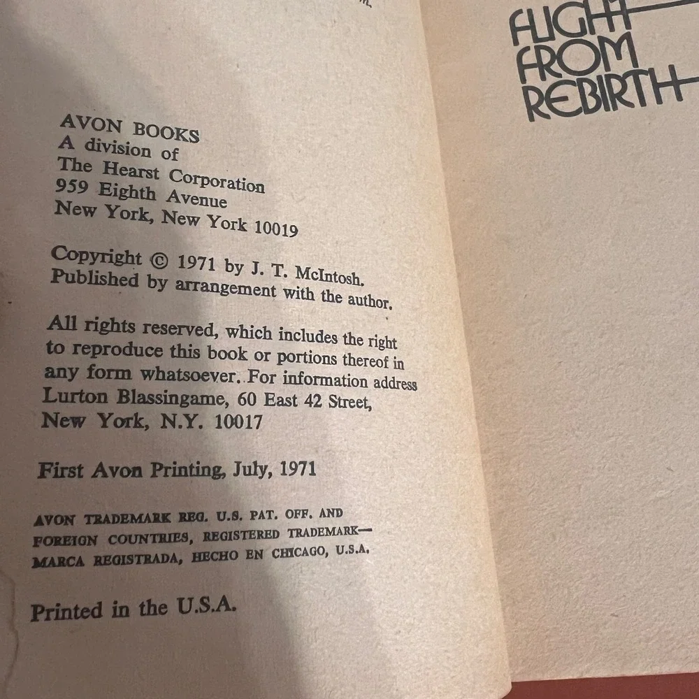 Flight From Rebirth J.T. McIntosh 1971 First Avon Printing Sci-Fi Paperback